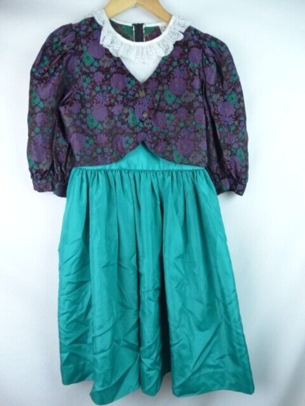 Ruth of Carolina Girls Vintage Dress Size 14 Teal Floral Half Sleeve Lace 80s